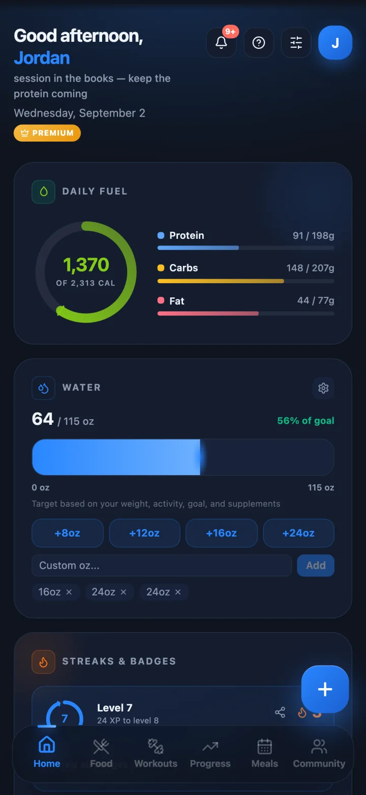 Zenith home screen: today's calories, macros and workout