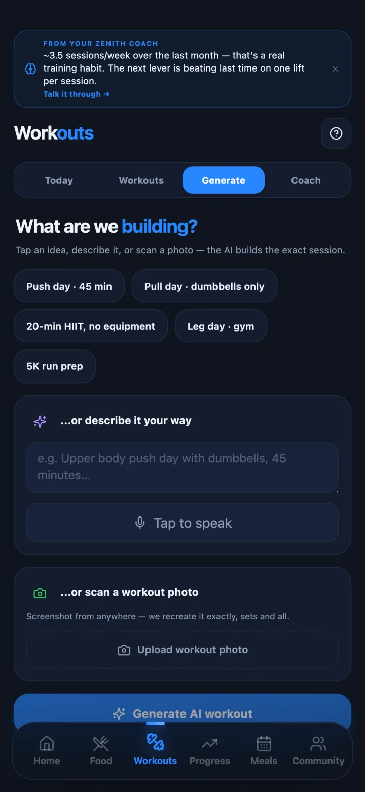 Workouts, Generate tab: tap an idea, describe it, or scan a workout photo