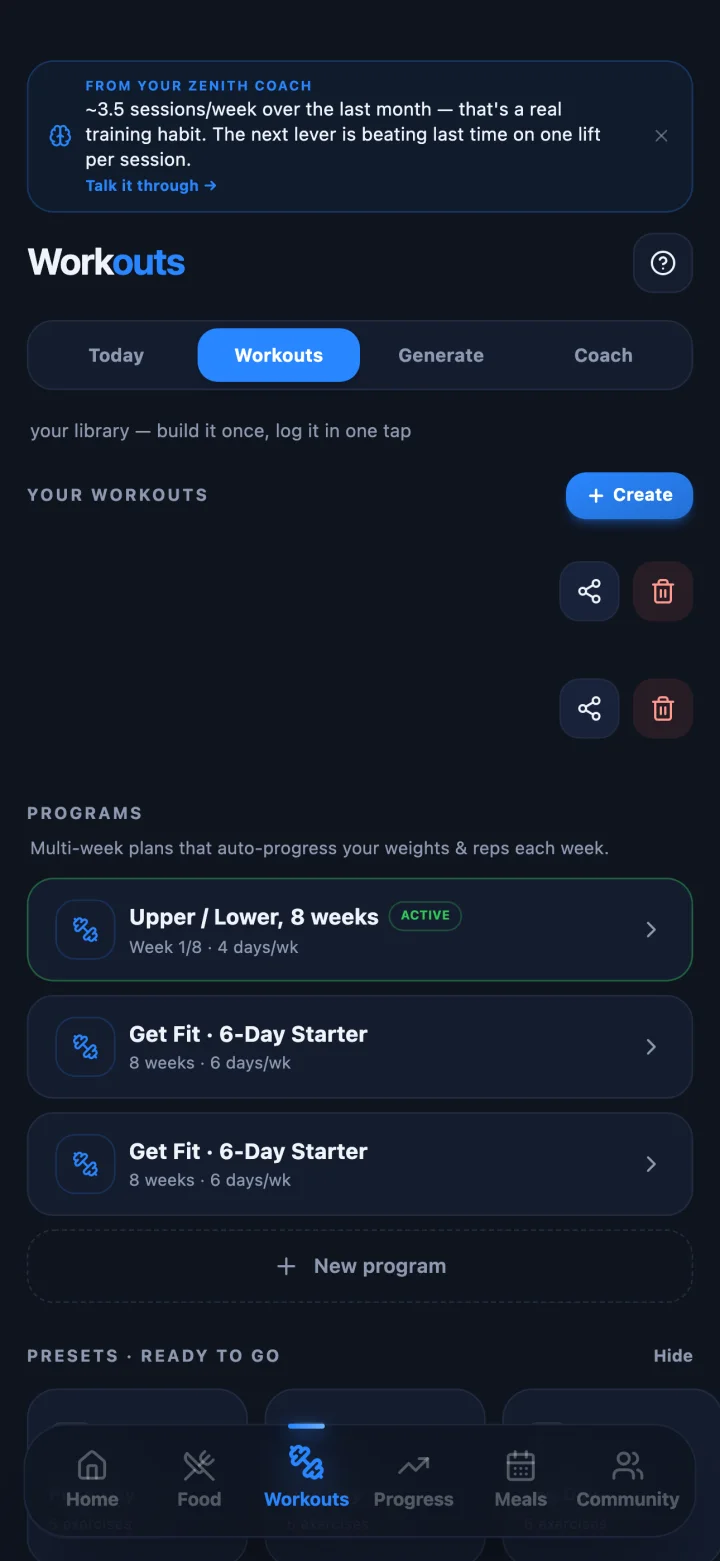 Workouts tab: the program and saved workouts
